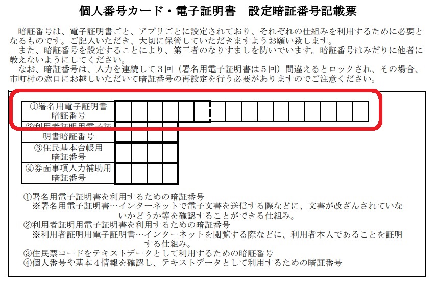 マイナンバーカードの署名用電子証明書の暗証番号のイメージ