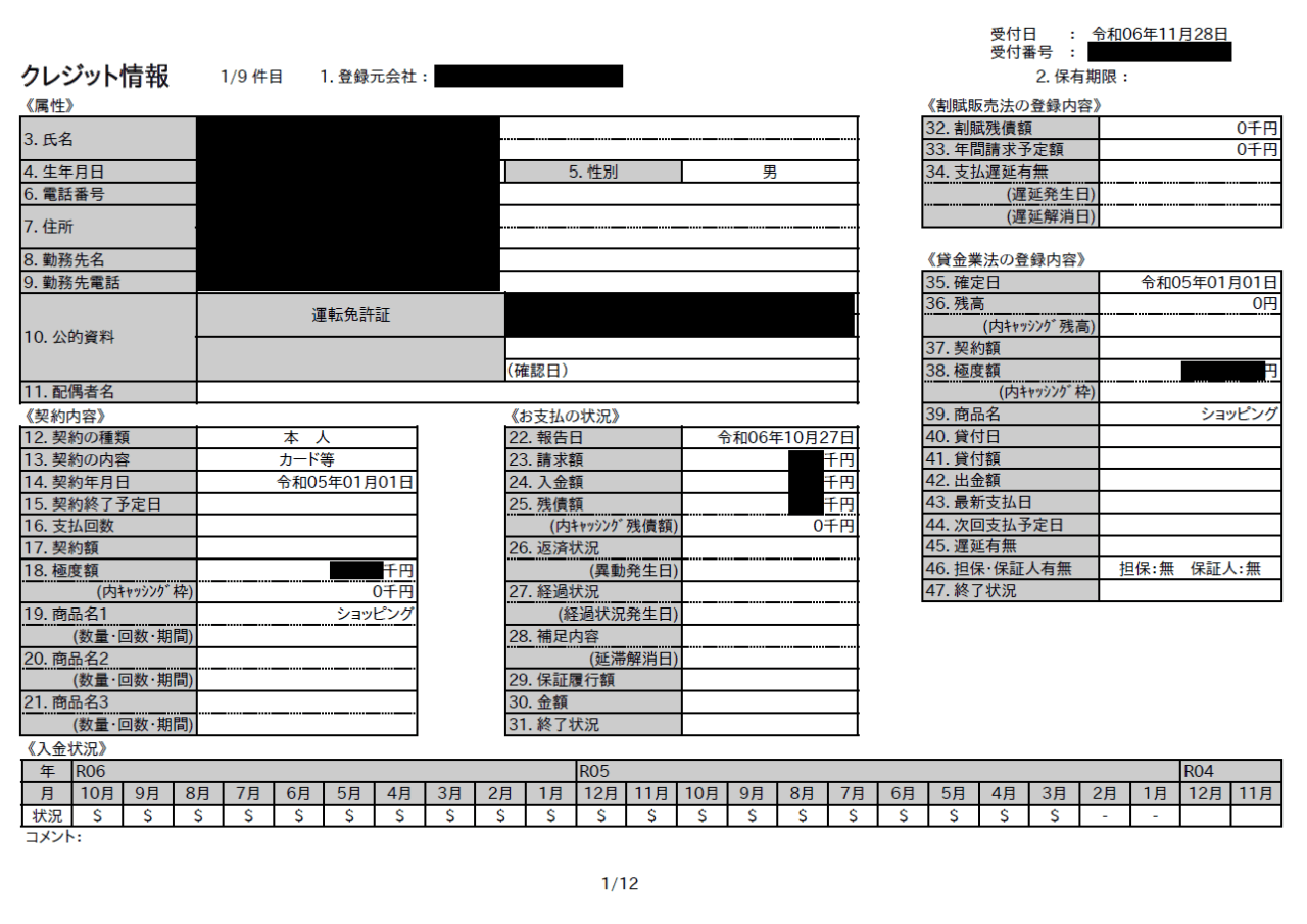 信用情報開示報告書(CIC)のクレジット情報