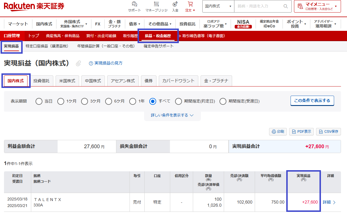楽天証券のIPO初値売りの実現損益